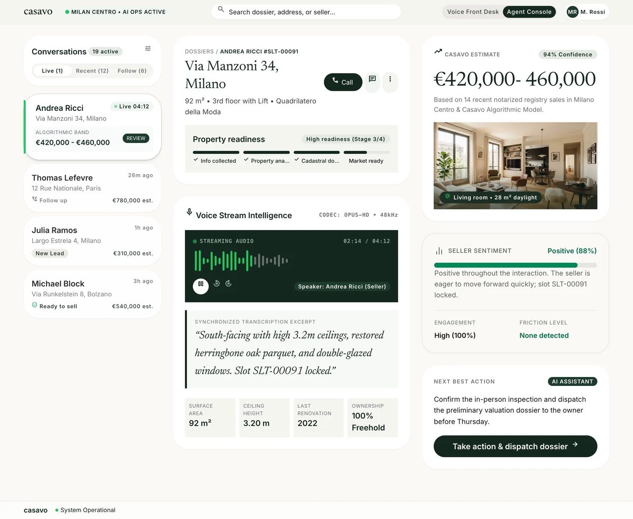 Casavo Agent Console, live telemetry and sentiment dashboard
