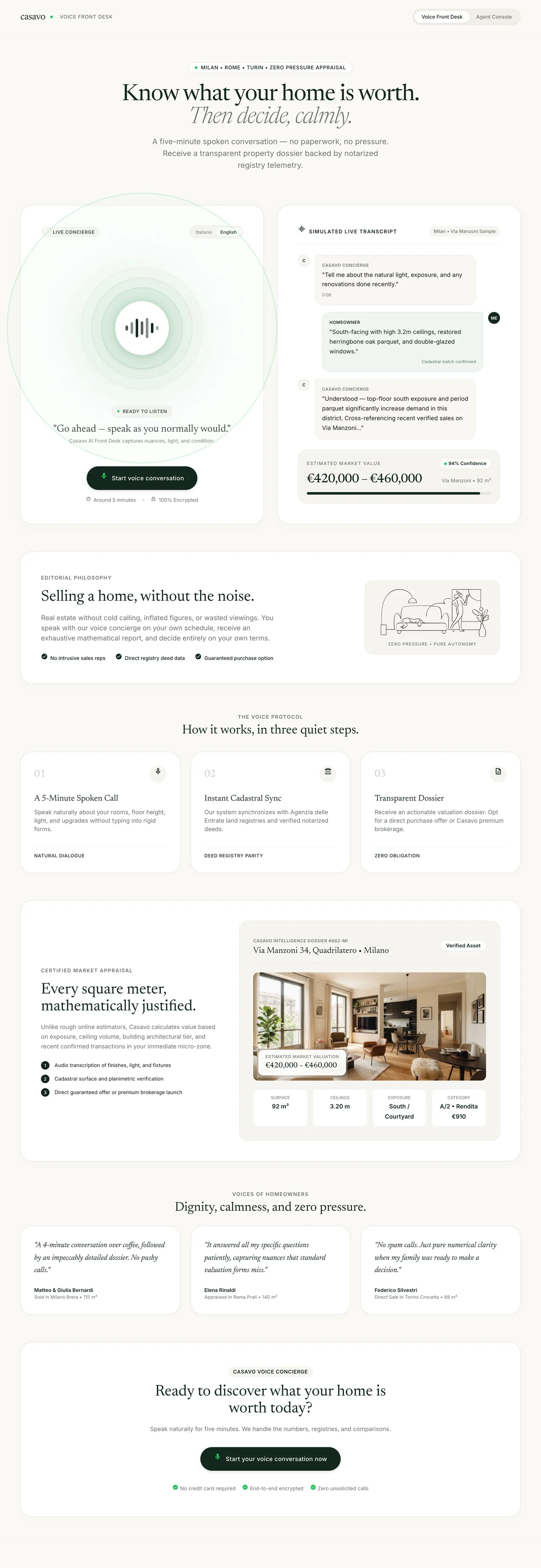 Casavo Voice Front Desk homeowner page, restyled